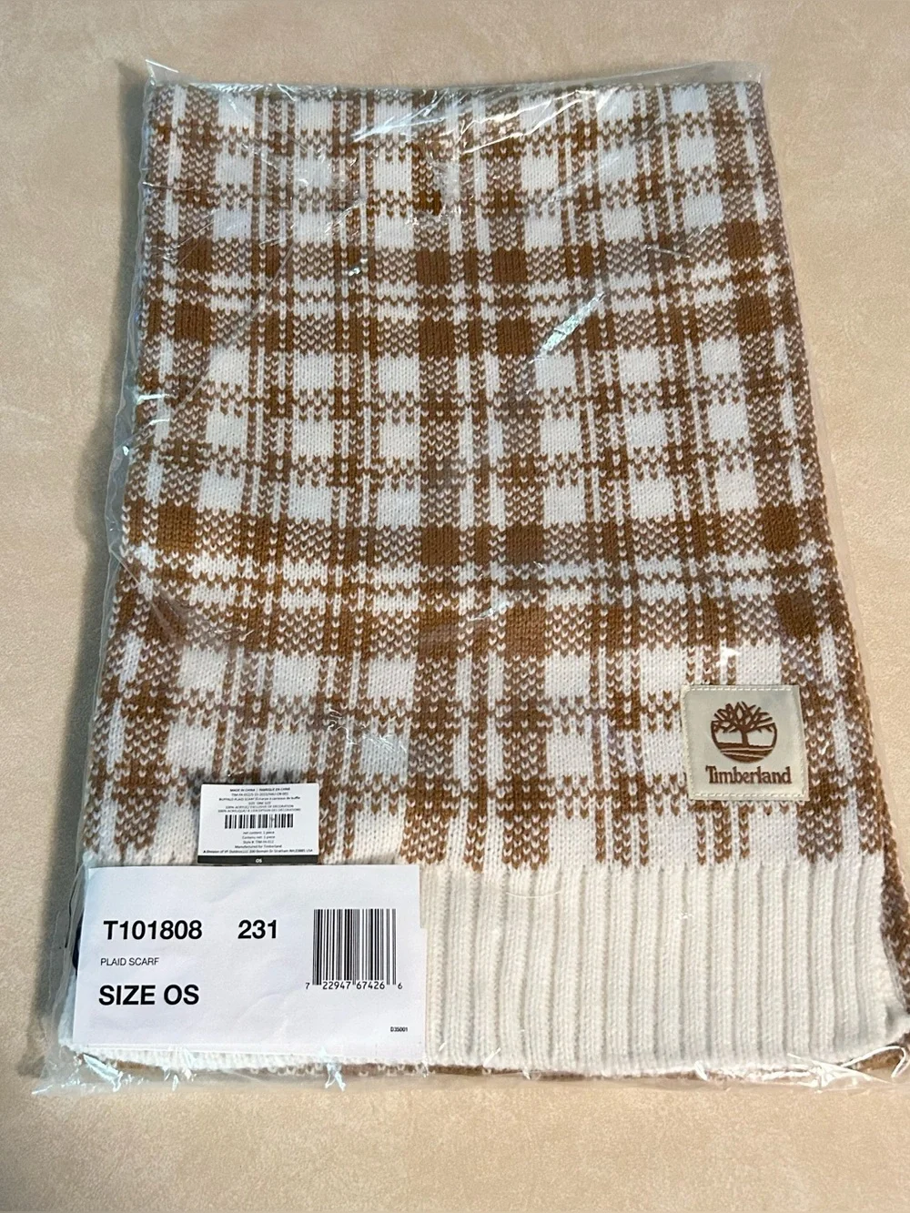 New women’s Timberland Plaid Knit Scarf in Cream & Brown